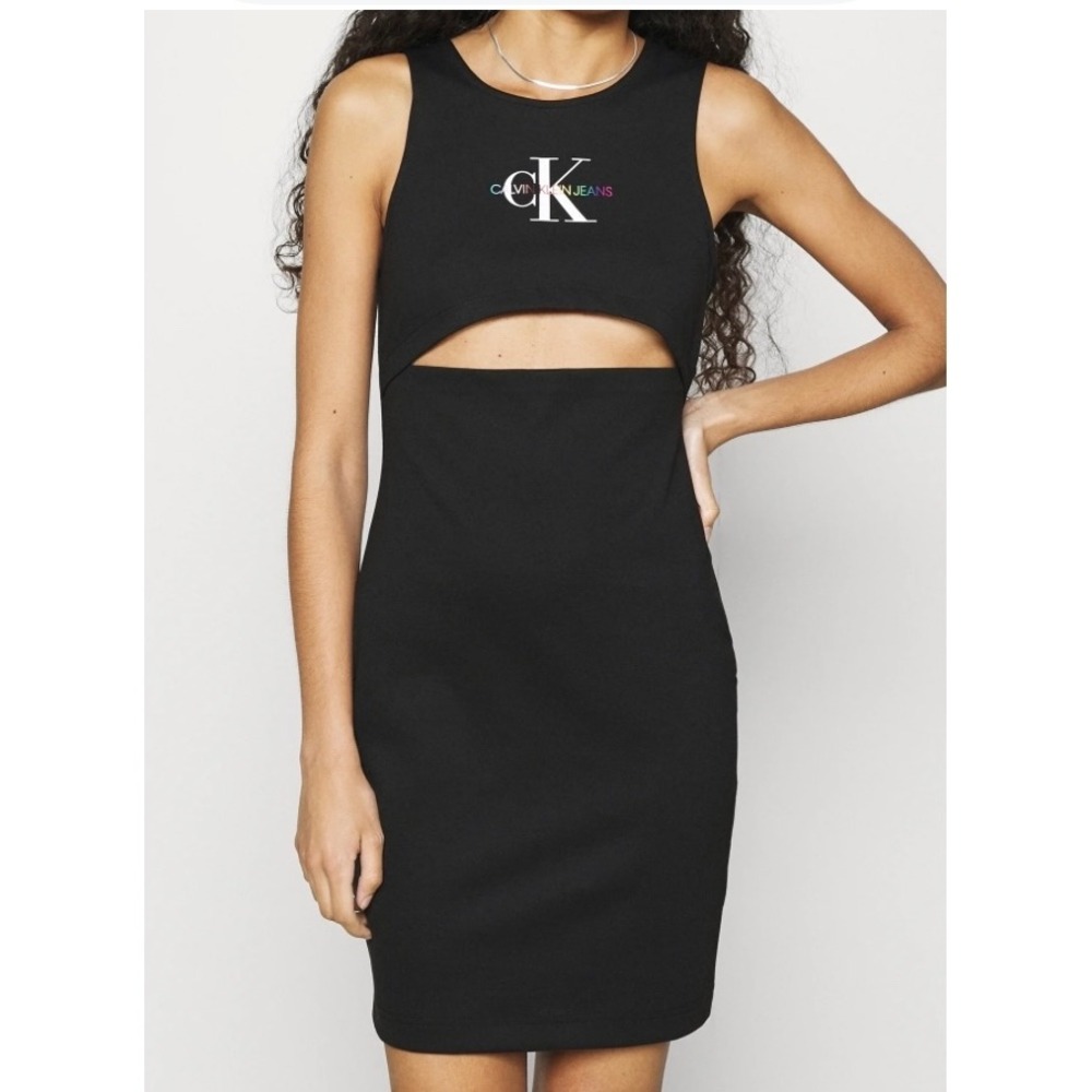 Calvin Klein Jeans Womens Black Cutout Mini Dress Rainbow Logo M NEW Bodycon Y2K